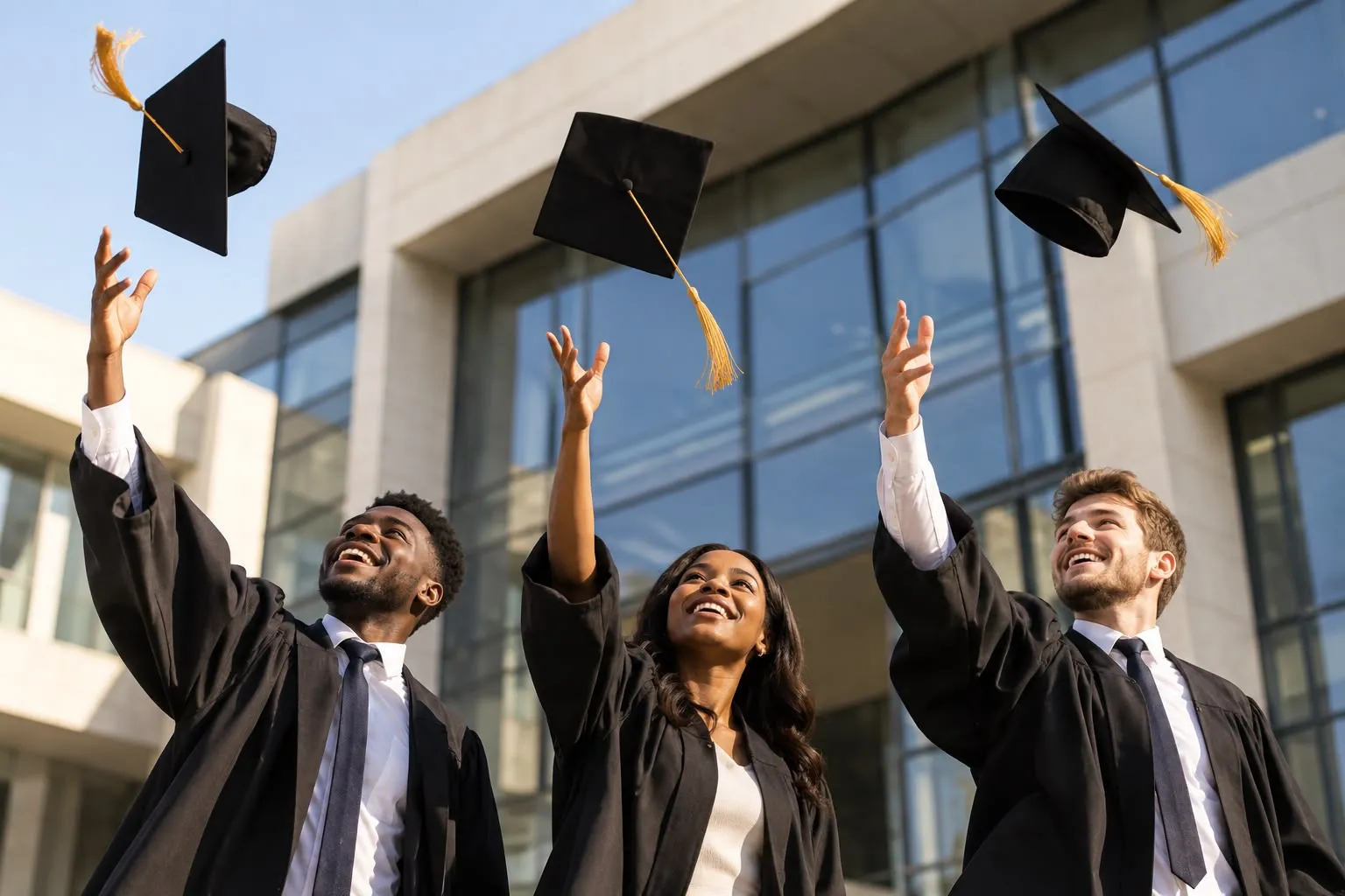 Jovens graduados a celebrar a conclusão dos estudos, lançando os capelos ao ar.