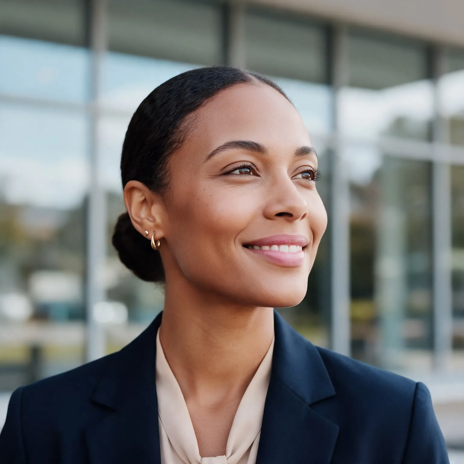 Mulher com cabelo preso, blazer azul, blusa clara e acessórios discretos, a sorrir num escritório.
